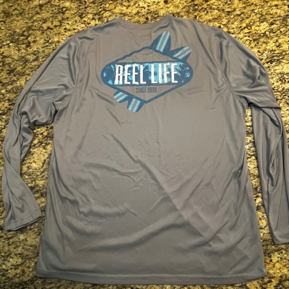 Reel Life Mens Long Sleeve Performance Fishing Shirt Gray Graphic XXL‎